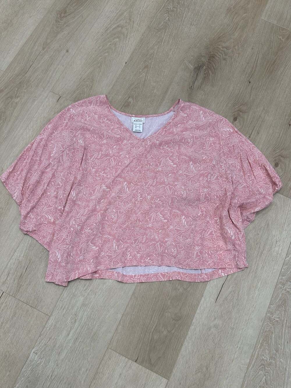 Ariat Pink Floral V-Neck Bell Sleeve Blouse Top Size XL